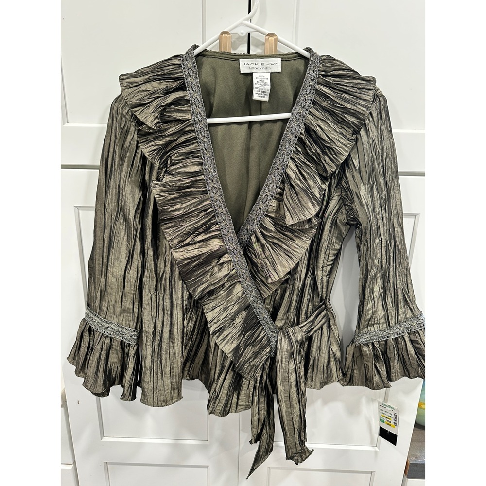 Jackie Jon New York Metallic Olive Green Pleated Wrapā Blouse Ruffle Trim Size 6